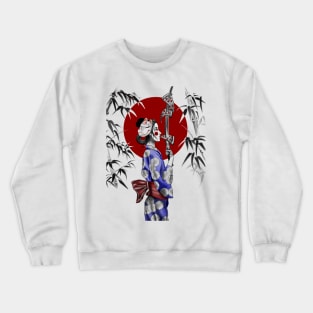 Japanese Geisha Eating NY Pizza with Samurai Sword Crewneck Sweatshirt